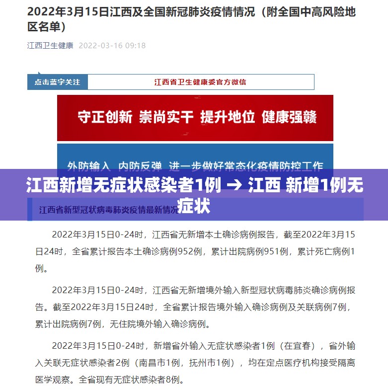 江西新增无症状感染者1例 → 江西 新增1例无症状