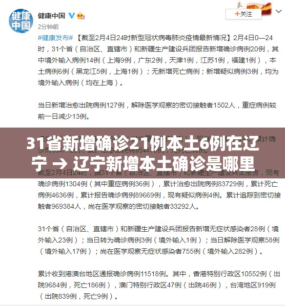 31省新增确诊21例本土6例在辽宁 → 辽宁新增本土确诊是哪里的 31省新增确诊21例本土6例在辽宁 → 辽宁新增本土确诊是哪里的