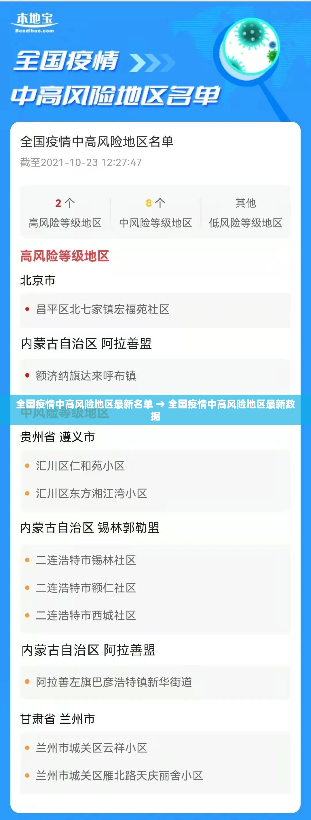 全国疫情中高风险地区最新名单 → 全国疫情中高风险地区最新数据